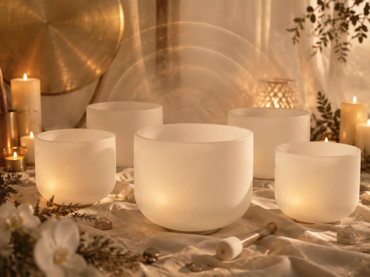 Crystal singing bowls glowing in candlelight